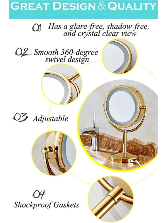 Gold LED Lighted Makeup Mirror with 10X Magnification, Three Colors Lights, 360°Swivel Extendable Bathroom Mirror, Tabletop Two-Sided, 8.5 inch