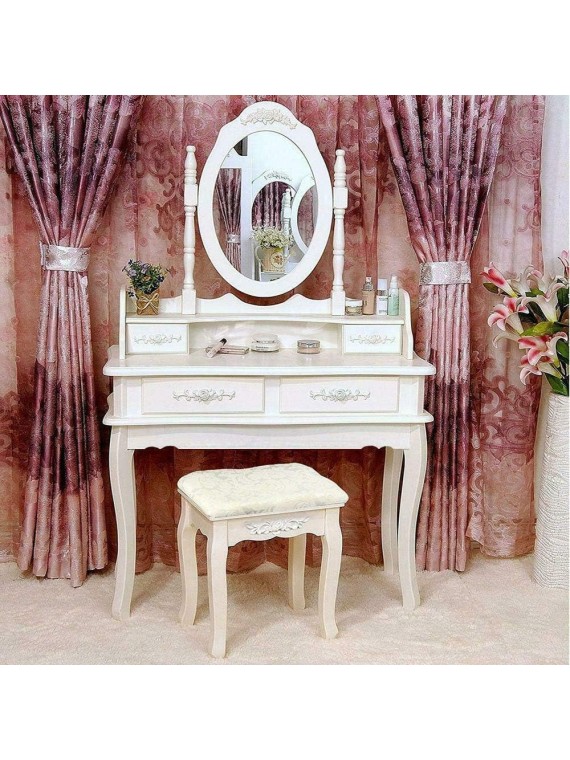 White Vanity Jewelry Makeup Dressing Table Set W/Stool 4 Drawer Mirror Wood Desk