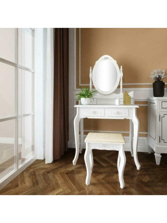 White Vanity Jewelry Makeup Dressing Table Set W/Stool 4 Drawer Mirror Wood Desk