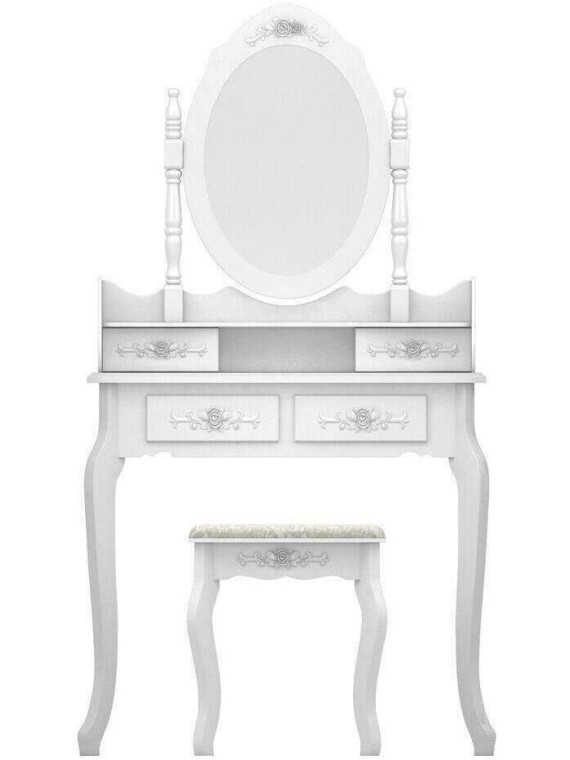 White Vanity Jewelry Makeup Dressing Table Set W/Stool 4 Drawer Mirror Wood Desk