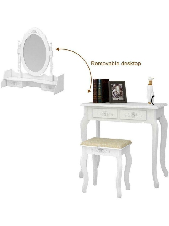 White Vanity Jewelry Makeup Dressing Table Set W/Stool 4 Drawer Mirror Wood Desk