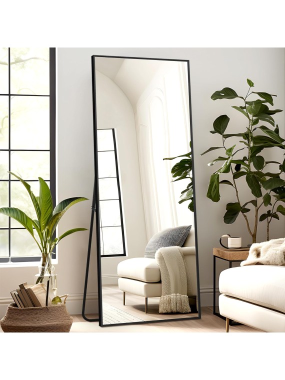 Full Length Mirror Standing Hanging or Leaning Against Wall, Large, Rectangle, Bedroom Wall-Mounted / Floor Dressing Mirror, Aluminum Alloy Thin Frame, Black, 65"x22"