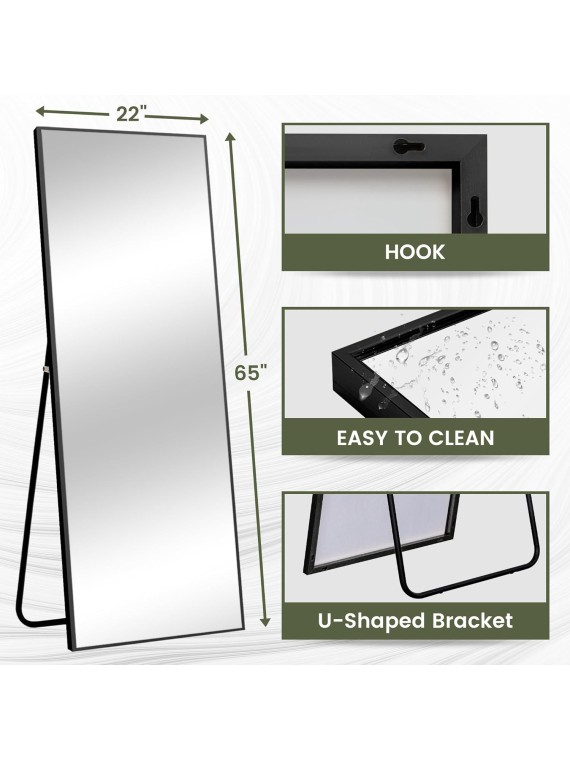 Full Length Mirror Standing Hanging or Leaning Against Wall, Large, Rectangle, Bedroom Wall-Mounted / Floor Dressing Mirror, Aluminum Alloy Thin Frame, Black, 65"x22"