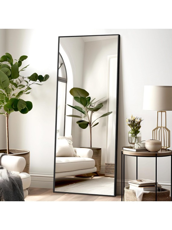 Full Length Mirror Standing Hanging or Leaning Against Wall, Large, Rectangle, Bedroom Wall-Mounted / Floor Dressing Mirror, Aluminum Alloy Thin Frame, Black, 65"x22"