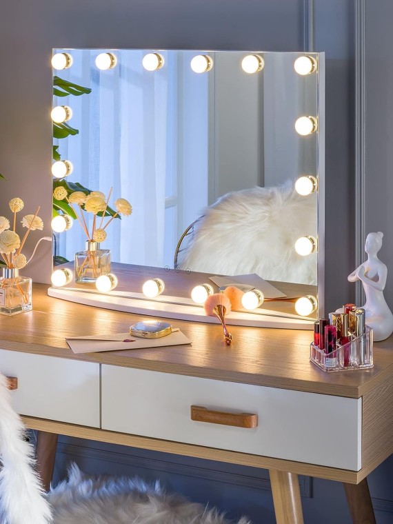 26Lx21W Vanity Mirror with Makeup Lights, Large Hollywood Light up Mirrors w/ 18 LED Bulbs for Bedroom Tabletop & Wall Mounted, White