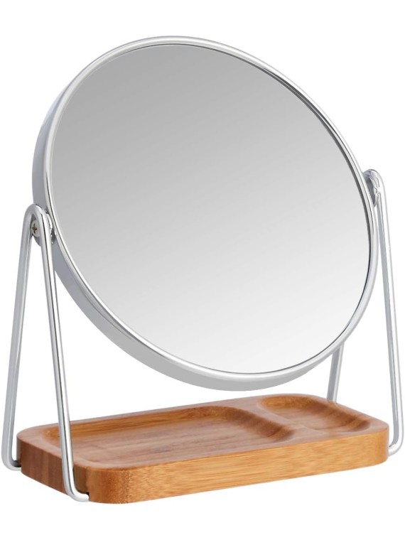 Basics Vanity Round Tabletop Mount Mirror with Squared Bamboo Tray Magnification, Chrome & Bamboo, 7.2"L x 3.35"W