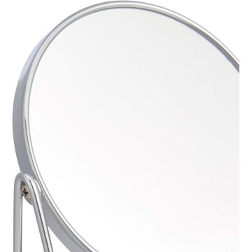 Basics Vanity Round Tabletop Mount Mirror with Squared Bamboo Tray Magnification, Chrome & Bamboo, 7.2"L x 3.35"W