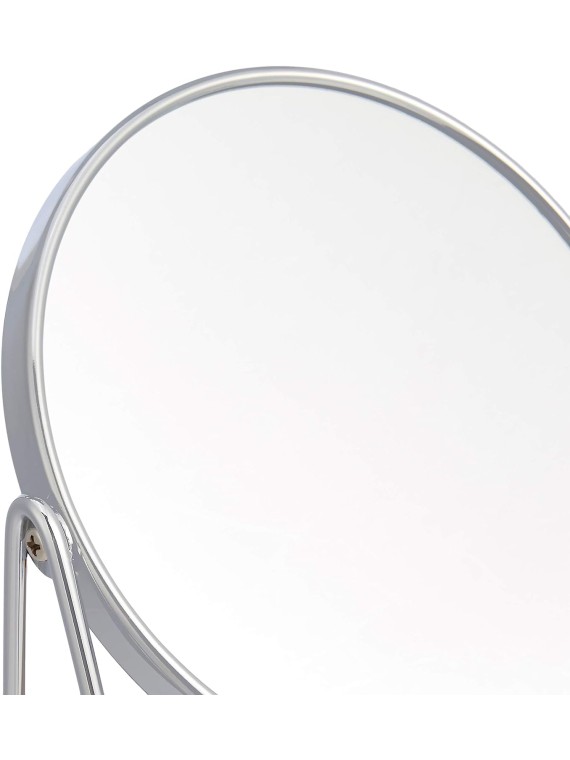 Basics Vanity Round Tabletop Mount Mirror with Squared Bamboo Tray Magnification, Chrome & Bamboo, 7.2"L x 3.35"W