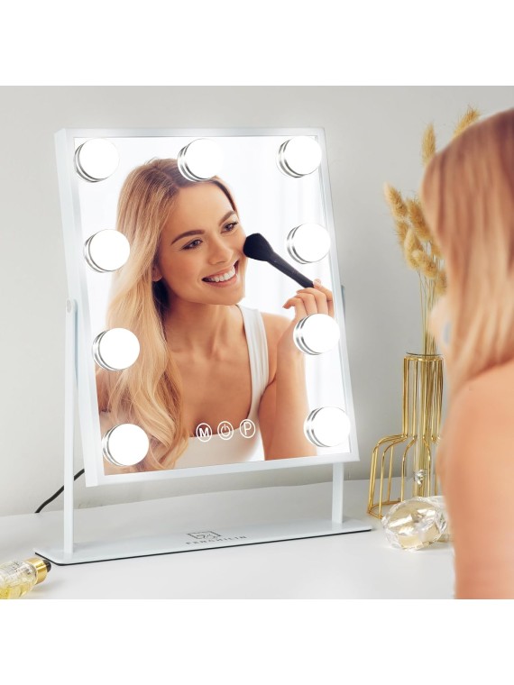 Vanity Mirror with Lights Lighted Makeup Mirror Makeup Vanity Mirror Smart Touch Control 3 Colors Dimmable Hollywood Mirror with Lights 10X Magnification 360° Rotation White