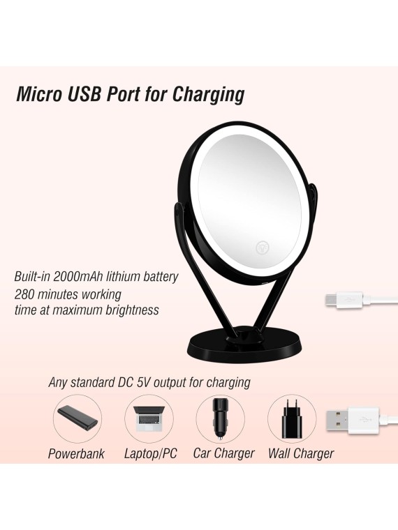 Double-Sided 1x/7x Magnification LED Makeup Mirror with Lights, Lighted Vanity Mirror USB Chargeable, Touch Sensor Control 3 Light Settings Illuminated Countertop Mirrors