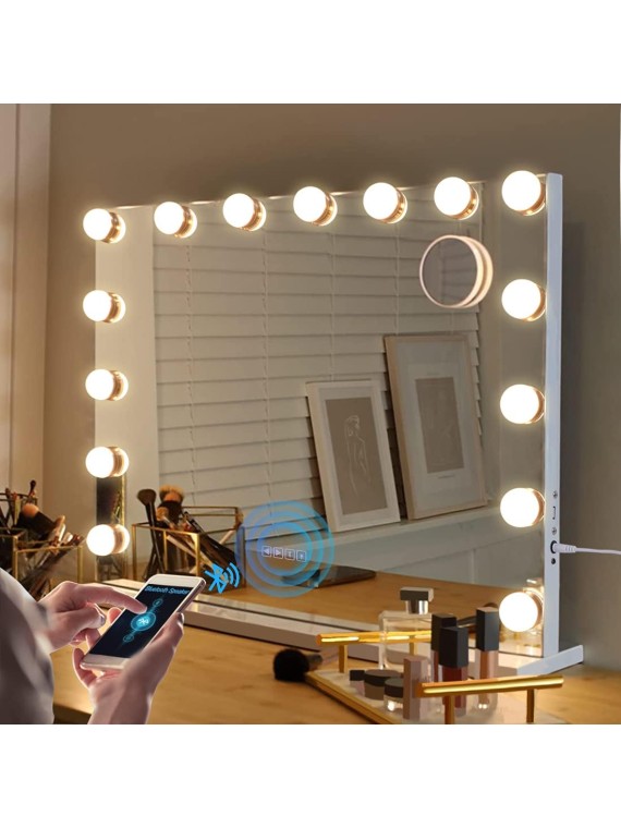 Vanity Mirror with Lights and Speaker Hollywood Speaker Support Answer Call, Touch Screen, 3 Color Modes Tabletop 15 Dimmable Bulbs