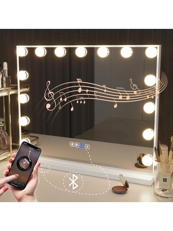 Hollywood Vanity Mirror with Lights, Bluetooth, 15 LED Bulbs, 3 Lighting Modes - White