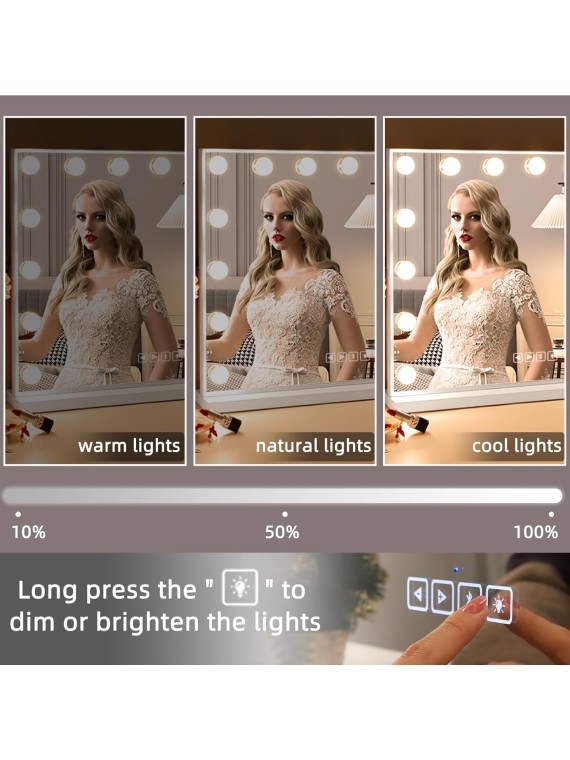 Hollywood Vanity Mirror with Lights, Bluetooth, 15 LED Bulbs, 3 Lighting Modes - White