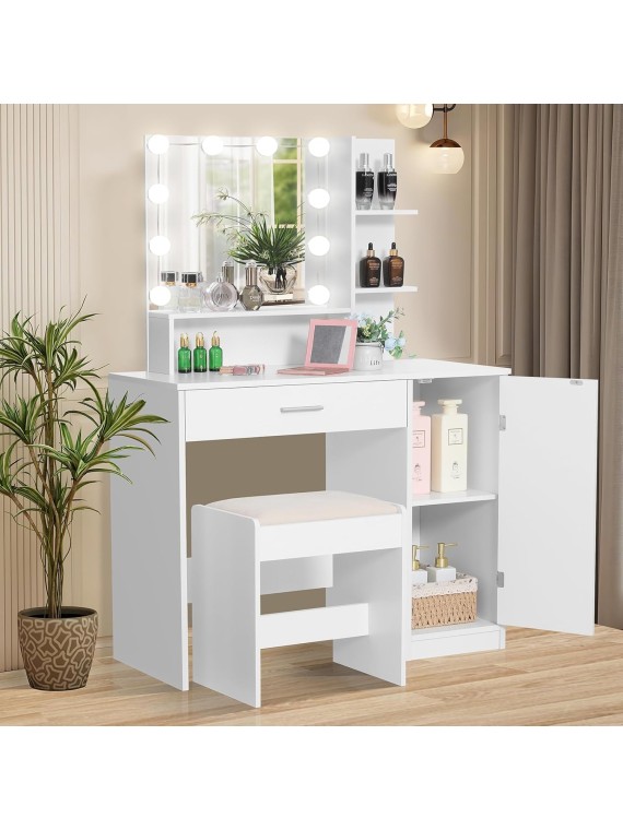 Makeup Vanity Desk for Valentine's Day, Vanity Desk Set with 1 Drawer, 1 Cabinet & 3 Shelves, Makeup Vanity Table with Stool for Bedroom, 3 Lighting Modes & Brightness Adjustable, White