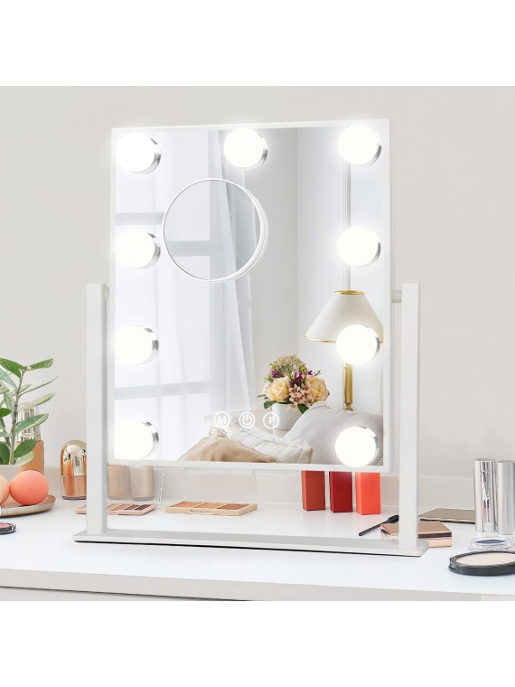 Lighted Vanity Makeup Mirror with Lights Hollywood Cosmetic Mirror with 9 Dimmable LED Bulbs for Dressing Room Tabletop, 3 Color Lighting, Detachable 10X Magnification Mirror, White