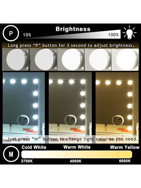 Hollywood Vanity Makeup Mirror with Lights 15 Lights Lighted Vanity Mirror Dimmable 3 Color LED Makeup Vanity Mirror for Bedroom Makeup Table Dressing USB Magnifier LED Light up Makeup Mirror