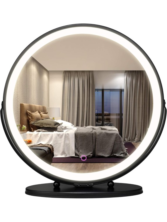 20" Vanity Makeup Mirror with Lights, 3 Color Lighting Dimmable LED Mirror, Touch Control, 360°Rotation, High-Definition Large Round Lighted Up Mirror for Bedroom Table Desk (Black)