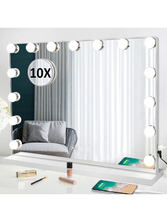 Vanity Mirror with Lights, 23In Hollywood Large Lighted Makeup Mirror with Smart Touch Control Screen & USB-Powered 15 Dimmable LED Lights for Dressing Room, Bedroom, Tabletop, White