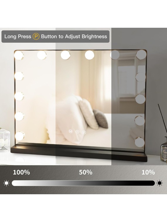 Hollywood Vanity Mirror Light, 20In Makeup Lighted Vanity Mirror, USB Outlet for Mobile Phone, 3 Color Dimmable Modes Beauty Mirror with Removable Magnification for Tabletop, Black