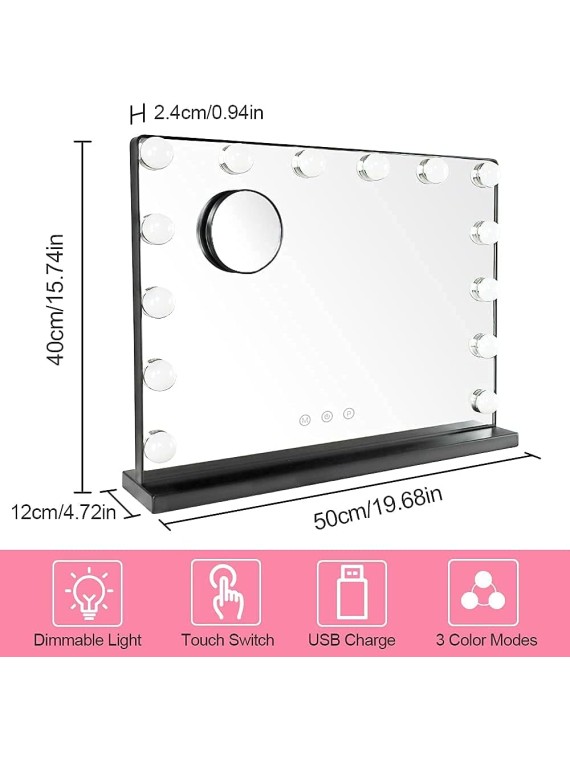 Hollywood Vanity Mirror Light, 20In Makeup Lighted Vanity Mirror, USB Outlet for Mobile Phone, 3 Color Dimmable Modes Beauty Mirror with Removable Magnification for Tabletop, Black