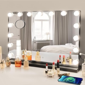 Vanity Mirror with Lights, 23In Hollywood Lighted Makeup Mirror with Smart Touch Switch, Large Vanity Makeup Mirror with 15 Dimmable LED Bulbs for Dressing Room, Bedroom, Tabletop, Black