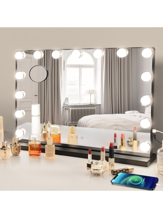 Vanity Mirror with Lights, 23In Hollywood Lighted Makeup Mirror with Smart Touch Switch, Large Vanity Makeup Mirror with 15 Dimmable LED Bulbs for Dressing Room, Bedroom, Tabletop, Black