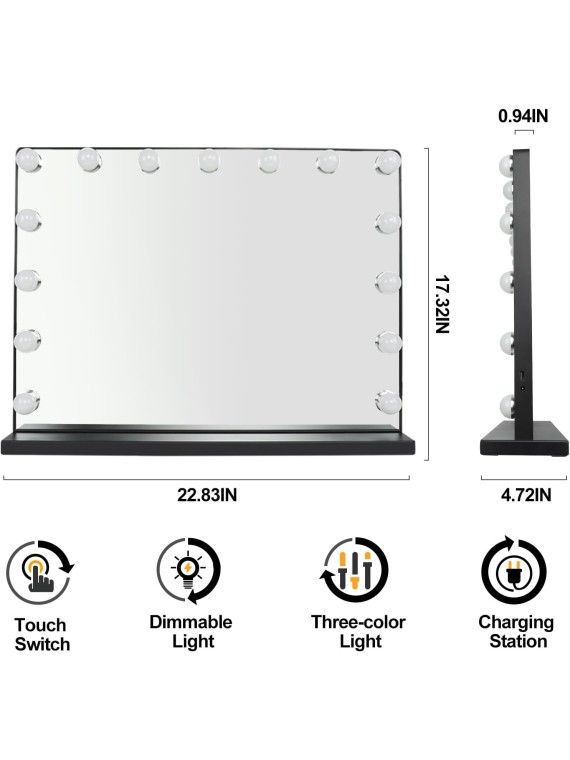 Vanity Mirror with Lights, 23In Hollywood Lighted Makeup Mirror with Smart Touch Switch, Large Vanity Makeup Mirror with 15 Dimmable LED Bulbs for Dressing Room, Bedroom, Tabletop, Black