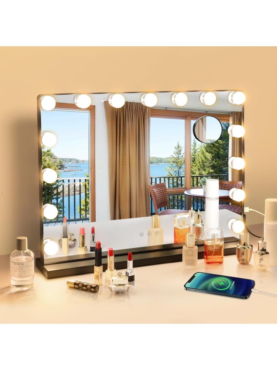 Vanity Mirror with Lights, 23In Hollywood Lighted Makeup Mirror with Smart Touch Switch, Large Vanity Makeup Mirror with 15 Dimmable LED Bulbs for Dressing Room, Bedroom, Tabletop, Black