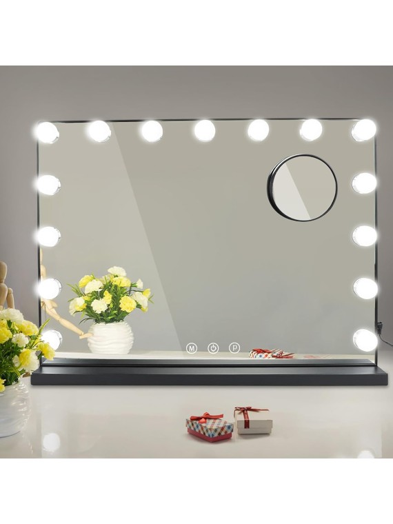 Vanity Mirror with Lights, 23In Hollywood Lighted Makeup Mirror with Smart Touch Switch, Large Vanity Makeup Mirror with 15 Dimmable LED Bulbs for Dressing Room, Bedroom, Tabletop, Black