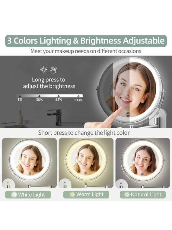 Rechargeable Wall Mounted Lighted Makeup Vanity Mirror 8 inch 1X/10X Magnifying Bathroom Mirror with 3 Color Lights, Double Sided with Dimmable LED Lights, Extended Arm 360° Swivel Extension Mirror