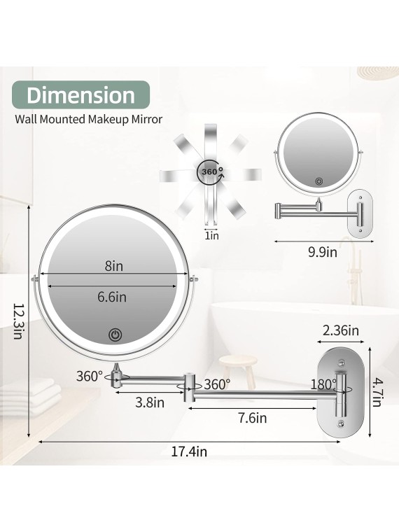 Rechargeable Wall Mounted Lighted Makeup Vanity Mirror 8 inch 1X/10X Magnifying Bathroom Mirror with 3 Color Lights, Double Sided with Dimmable LED Lights, Extended Arm 360° Swivel Extension Mirror