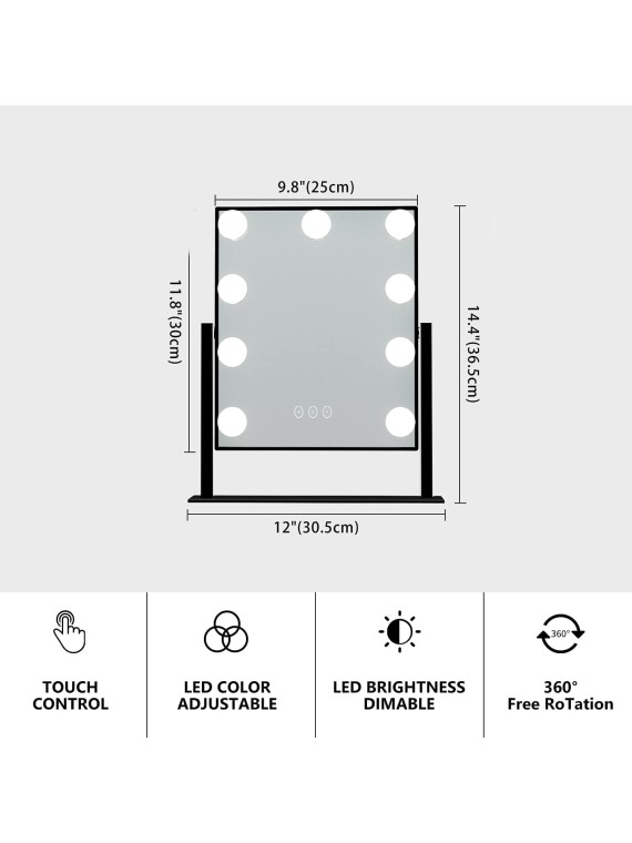 Large Vanity Mirror with Lights, Hollywood Lighted Makeup Mirror with 9 Dimmable LED Bulbs for Dressing Room & Bedroom, Lighted Makeup Mirror with Detachable 10x Magnification, (Black)