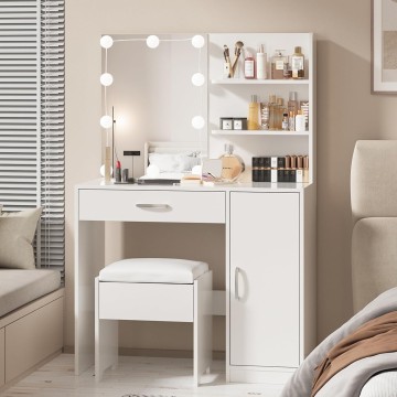 Makeup Vanity with Lights, Vanity Desk with Mirror and Lights Set, Large Drawer and Two-Tier Lots Storage Cabinet Dresser, 3 Lighting Modes Adjustable Brightness, Makeup Table for Bedroom, White