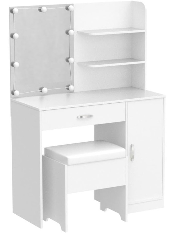 Makeup Vanity with Lights, Vanity Desk with Mirror and Lights Set, Large Drawer and Two-Tier Lots Storage Cabinet Dresser, 3 Lighting Modes Adjustable Brightness, Makeup Table for Bedroom, White