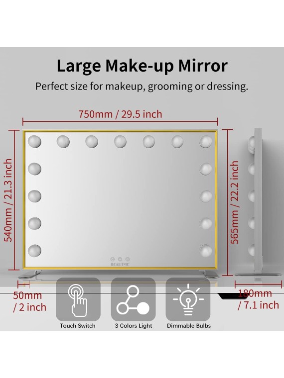 30"x22" Lighted Vanity Makeup Mirror with 15pcs LED Bulbs, Hollywood Vanity Mirror with Lights, 10X Magnification and 3 Color Light Modes, Perfect for Dressing Room Tabletop