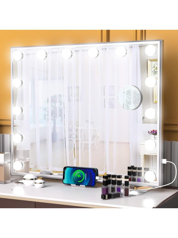 Hollywood Vanity Mirror with Lights, 14 Dimmable LED Bulbs Makeup Mirror, Tabletop or Wall-Mounted Led Light Mirror,3 Color Lighting Modes,Perfect for Dressing Room&Bedroom,Metal Frame Design