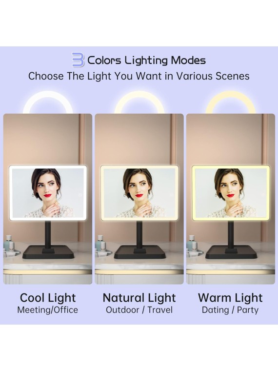 Rechargeable Makeup Vanity Mirror with Lights, Large Lighted Desk Makeup Mirror with 96 LED Lights and 10x magnifying Mirror, 3 Color Lighting, Make up Light Mirror with Phone Holder