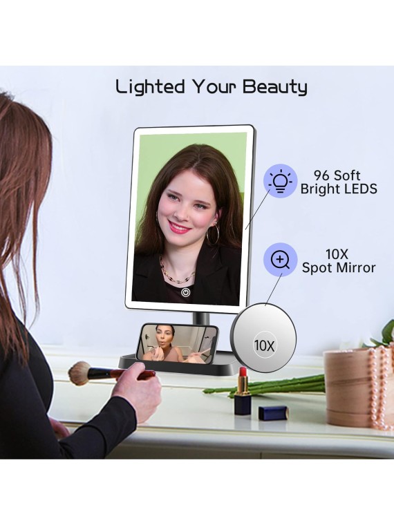 Rechargeable Makeup Vanity Mirror with Lights, Large Lighted Desk Makeup Mirror with 96 LED Lights and 10x magnifying Mirror, 3 Color Lighting, Make up Light Mirror with Phone Holder