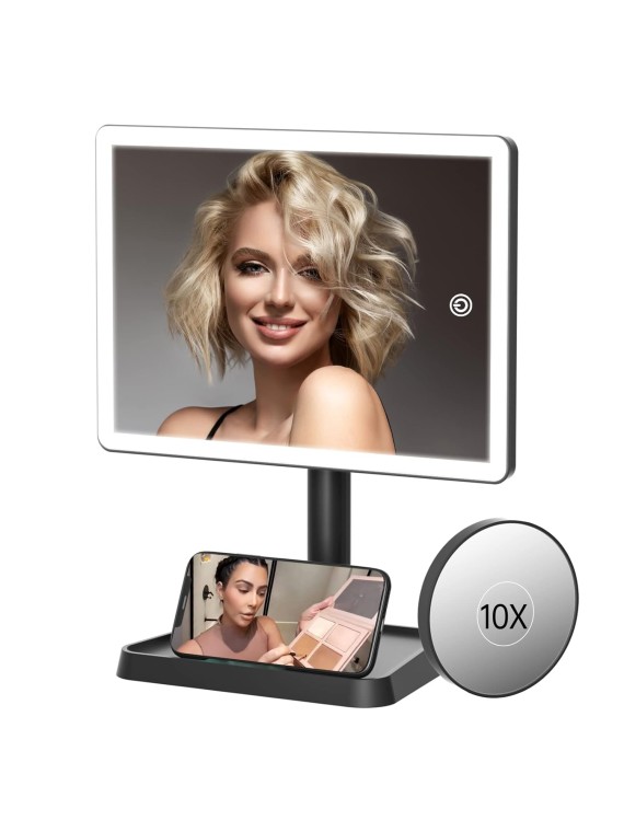 Rechargeable Makeup Vanity Mirror with Lights, Large Lighted Desk Makeup Mirror with 96 LED Lights and 10x magnifying Mirror, 3 Color Lighting, Make up Light Mirror with Phone Holder