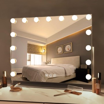 Vanity Mirror with Lights, White Hollywood Lighted Makeup Mirror with 15 Dimmable LED Bulbs Rotation for Dressing Room & Bedroom, Living Room