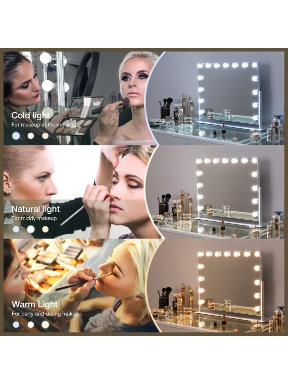 Vanity Mirror with Lights, White Hollywood Lighted Makeup Mirror with 15 Dimmable LED Bulbs Rotation for Dressing Room & Bedroom, Living Room