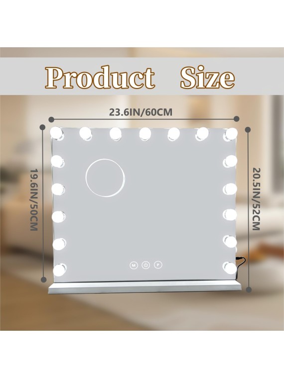 Vanity Mirror with Lights,Makeup Mirror with Lights with 17 Dimmable LED Bulbs, 3 Color Lighting Modes Detachable 10X Magnification Mirror Touch Control, 23.6X19,7 inch, White