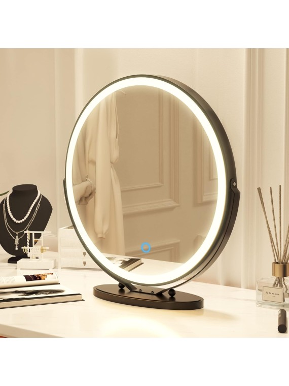 20 inch Vanity Mirror with Lights, Round LED Makeup Mirror, Large Makeup Mirror with Lights, High Definition Lighted Up Mirror for Bedroom, Touch Control 3 Color Dimmable, 360° Rotation, Black