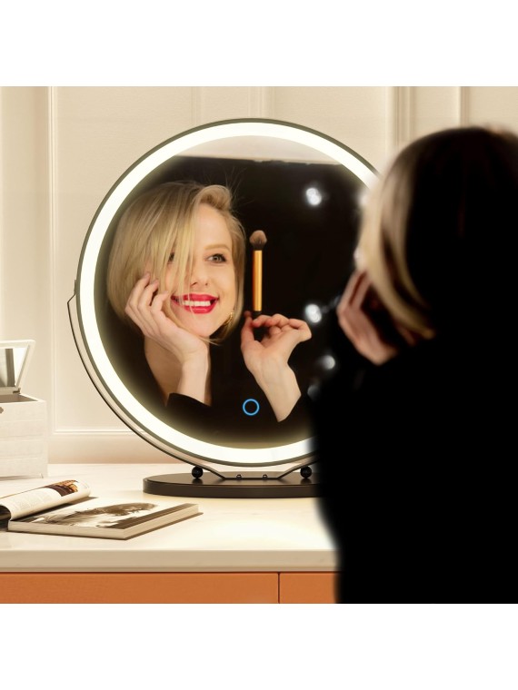 20 inch Vanity Mirror with Lights, Round LED Makeup Mirror, Large Makeup Mirror with Lights, High Definition Lighted Up Mirror for Bedroom, Touch Control 3 Color Dimmable, 360° Rotation, Black