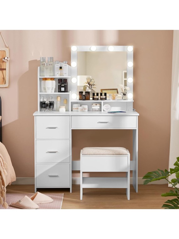 Makeup Vanity with 10 Light Bulbs and Charging Station, Vanity Desk with Lighted Mirror & 4 Drawers Chest, Vanity Set, Vanity Table Set with Cushioned Stool, for Bedroom,White