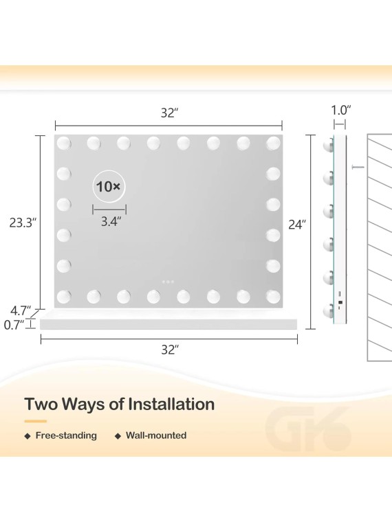 18 Extra Bulbs Vanity Mirror with Lights with USB & Type-C Charing, 32WX24L Tabletop Hollyhood Makeup Mirror, Lighted Vanity Mirror,3 Colors Modes,Touch Control,Metal Frame,White
