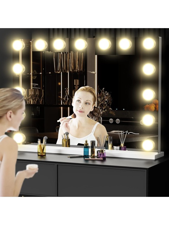 18 Extra Bulbs Vanity Mirror with Lights with USB & Type-C Charing, 32WX24L Tabletop Hollyhood Makeup Mirror, Lighted Vanity Mirror,3 Colors Modes,Touch Control,Metal Frame,White