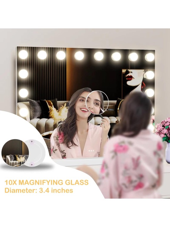 18 Extra Bulbs Vanity Mirror with Lights with USB & Type-C Charing, 32WX24L Tabletop Hollyhood Makeup Mirror, Lighted Vanity Mirror,3 Colors Modes,Touch Control,Metal Frame,White