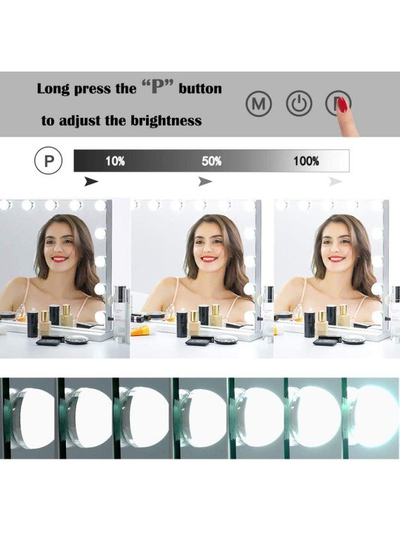 22.8"x 18.1" Vanity Makeup Mirror with Lights,10X Large Hollywood Lighted Vanity Mirror with 15 Dimmable LED Bulbs,3 Color Modes,Touch Control,Tabletop or Wall-Mounted, White, 1 Count