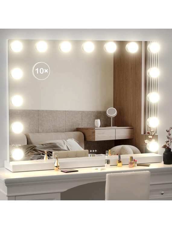 22.8 x 18.2 Vanity Makeup Mirror with Lights, 10X Magnification,Large Hollywood Lighted Vanity Mirror with 15 Dimmable LED Bulbs, USB Charger Port, Tabletop or Wall-Mounted White